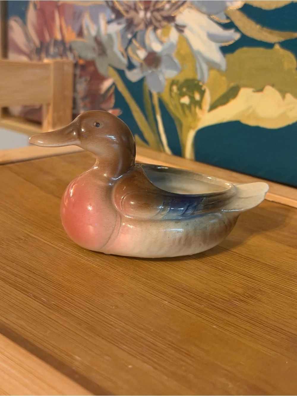 Hand-Painted Ceramic Duck Planter in Brown and Pink